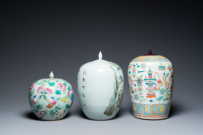 Three Chinese famille rose vases, two famille verte vases and a dish, 19/20th C.