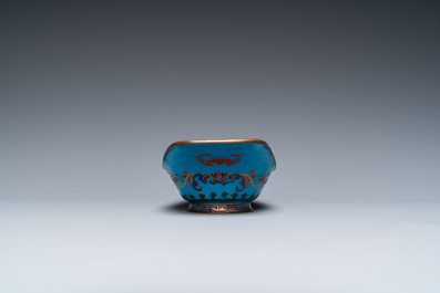 A pair of Chinese or Vietnamese enamel cup stands and an ingot-shaped bowl, 18/19th C.