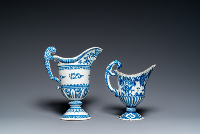 Two blue and white French faience helmet-shaped jugs, Rouen and Nevers, 18th C.