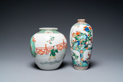 Three Chinese famille rose vases, two famille verte vases and a dish, 19/20th C.