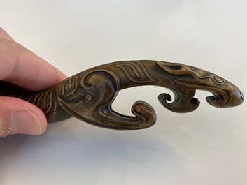 A Chinese bronze 'chilong' scroll weight, probably Qing