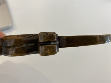 A Chinese bronze 'chilong' scroll weight, probably Qing