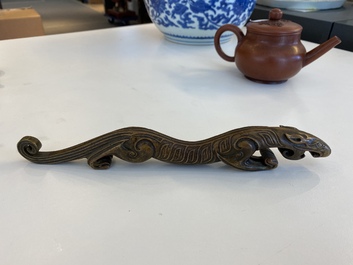 A Chinese bronze 'chilong' scroll weight, probably Qing