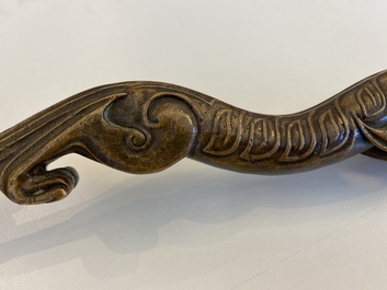 A Chinese bronze 'chilong' scroll weight, probably Qing