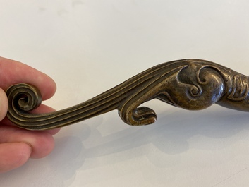A Chinese bronze 'chilong' scroll weight, probably Qing