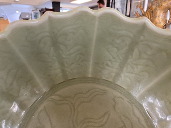 A large Chinese Longquan celadon bowl with underglaze lotus design, Ming