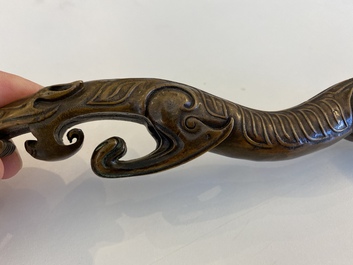 A Chinese bronze 'chilong' scroll weight, probably Qing