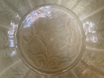 A large Chinese Longquan celadon bowl with underglaze lotus design, Ming