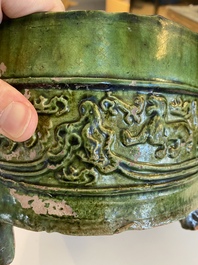 A Chinese green-glazed 'mountain' censer and cover, Eastern Han Dynasty