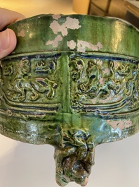 A Chinese green-glazed 'mountain' censer and cover, Eastern Han Dynasty