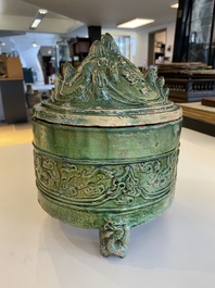 A Chinese green-glazed 'mountain' censer and cover, Eastern Han Dynasty