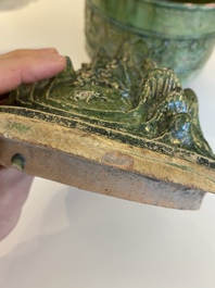 A Chinese green-glazed 'mountain' censer and cover, Eastern Han Dynasty