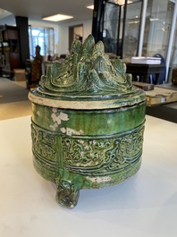 A Chinese green-glazed 'mountain' censer and cover, Eastern Han Dynasty