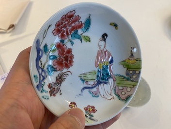 A Chinese famille rose 'Wu Shuang Pu' plate and a cup and saucer, Yongzheng and 19th C.