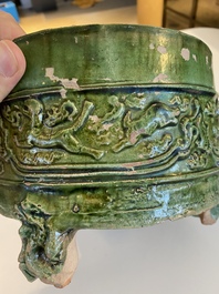 A Chinese green-glazed 'mountain' censer and cover, Eastern Han Dynasty