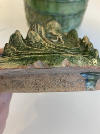 A Chinese green-glazed 'mountain' censer and cover, Eastern Han Dynasty