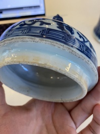 A pair of Chinese famille verte double gourd vases and a blue and white vase and cover, 19/20th C.