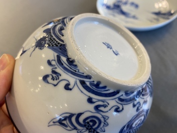 Bol et assiette en porcelaine de Chine 'Bleu de Hue' pour le Vietnam, marques de Ngoạn ngọc et Nội ph&uacute;, 19&egrave;me