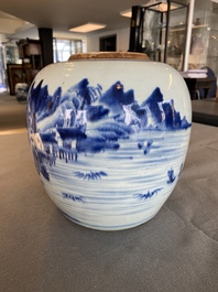 A Chinese blue and white 'mountainous landscape' jar, Kangxi/Qianlong