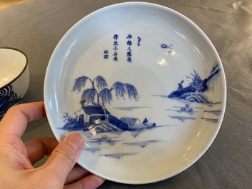 Bol et assiette en porcelaine de Chine 'Bleu de Hue' pour le Vietnam, marques de Ngoạn ngọc et Nội ph&uacute;, 19&egrave;me