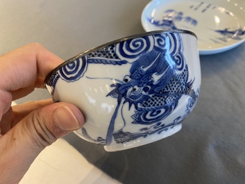 Bol et assiette en porcelaine de Chine 'Bleu de Hue' pour le Vietnam, marques de Ngoạn ngọc et Nội ph&uacute;, 19&egrave;me