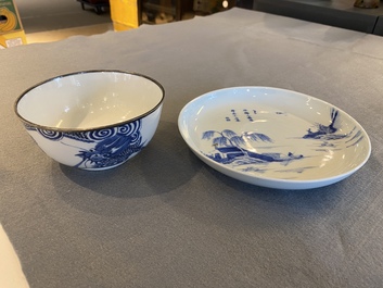 Bol et assiette en porcelaine de Chine 'Bleu de Hue' pour le Vietnam, marques de Ngoạn ngọc et Nội ph&uacute;, 19&egrave;me