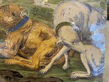 Plaque en fa&iuml;ence de Castelli polychrome figurant un berger et deux grands chiens, Italie, 18&egrave;me