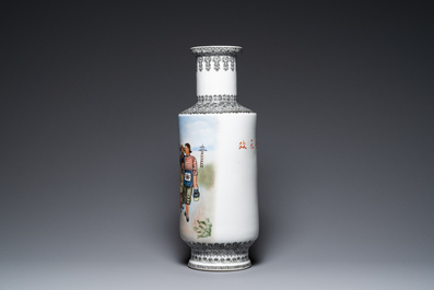 Two Chinese rouleau vases with Cultural Revolution design, signed Zhang Jian 章鑒 and dated 1968 and 1972