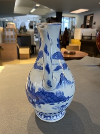 Verseuse en porcelaine de Chine en bleu et blanc &agrave; d&eacute;cor d'un p&ecirc;cheur dans un paysage, &eacute;poque Transition