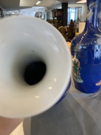 A pair of Chinese famille verte powder-blue-ground vases, 19th C.