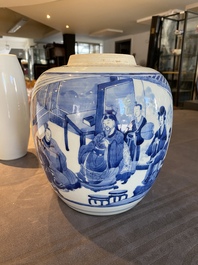 Pot &agrave; sujet narratif en porcelaine de Chine en bleu et blanc, Kangxi
