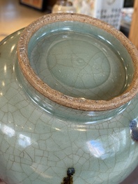 A Chinese russet-splashed celadon-glazed 'yuhuchunping' vase, 19th C.