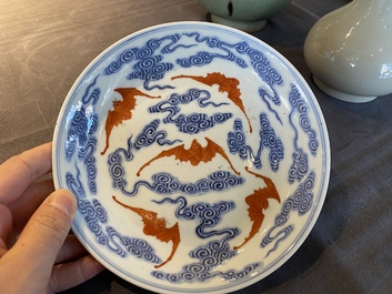 A Chinese blue, white and iron-red 'bats and clouds' plate, Guangxu mark and of the period