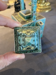 A square Chinese turquoise-ground verte biscuit teapot and cover, Kangxi