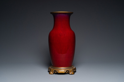 A Chinese flamb&eacute;-glazed vase with gilt bronze mounts, 19th C.