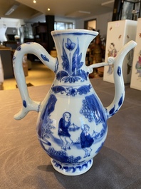 Verseuse en porcelaine de Chine en bleu et blanc &agrave; d&eacute;cor de figures dans un paysage, &eacute;poque Transition