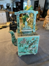 A square Chinese turquoise-ground verte biscuit teapot and cover, Kangxi