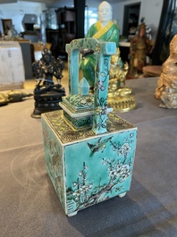 A square Chinese turquoise-ground verte biscuit teapot and cover, Kangxi