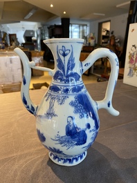 A Chinese blue and white ewer with figures in a landscape, Transitional period