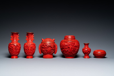 Six Chinese red lacquer pieces with Cultural Revolution design, 20th C.