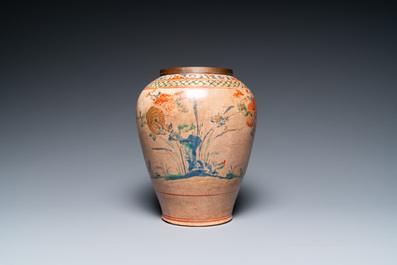 A Japanese Hizen Kakiemon-style vase with copper rim, Edo, 18th C.