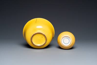 Two Chinese yellow-glazed vases and a bowl, 20th C.