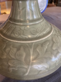 A Chinese celadon-glazed bottle vase with underglaze design, probably Qianlong