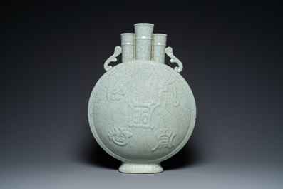 A large Chinese ge-type crackle-glazed triple-neck moonflask vase with Daoist emblems, 'bianhu', Yongzheng mark and possibly of the period