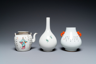 Two Chinese famille rose vases and a 'Wu Shuang Pu' teapot, 19/20th C.