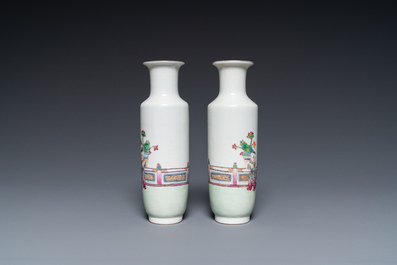 A pair of small Chinese famille rose rouleau vases, Qianlong mark, Republic