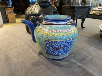 A Chinese enamelled Yixing stoneware teapot and cover, 19th C.