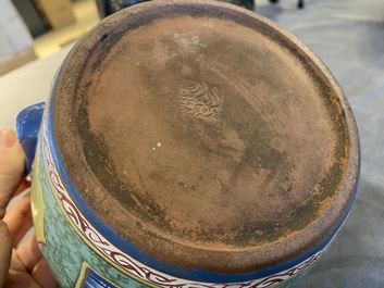 A Chinese enamelled Yixing stoneware teapot and cover, 19th C.