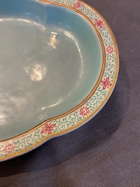 A pair of Chinese ruby-ground quatrefoil dishes, probably Jiaqing