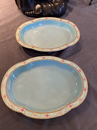 A pair of Chinese ruby-ground quatrefoil dishes, probably Jiaqing